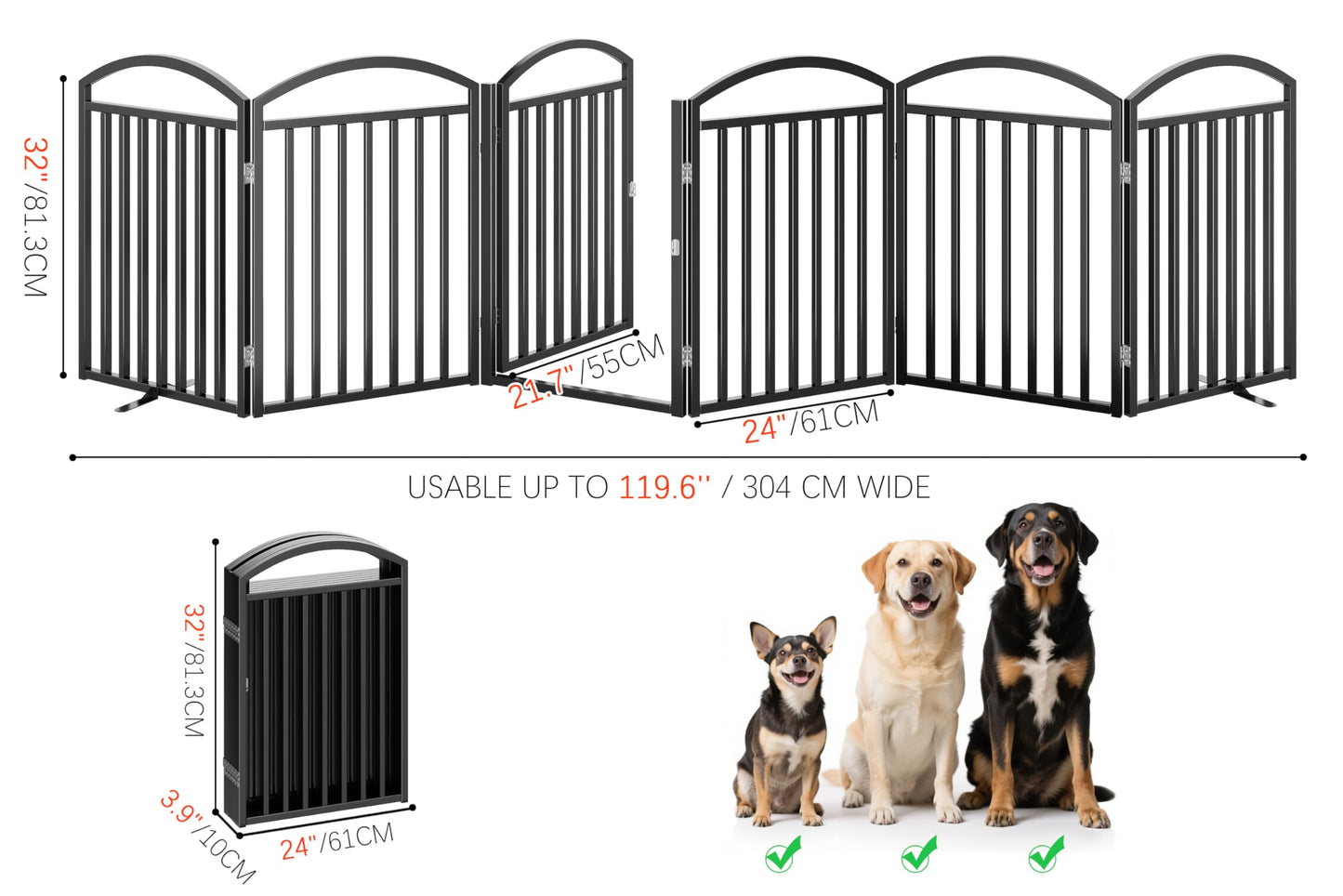 THKKY Folding No-Assembly Freestanding Dog Gate with Door,32" Heights Foldable Pet Fence,144" Extra Wide Accordion Puppy Folding Playpen for Doorways,House,Stairs (6 Panels,Black)