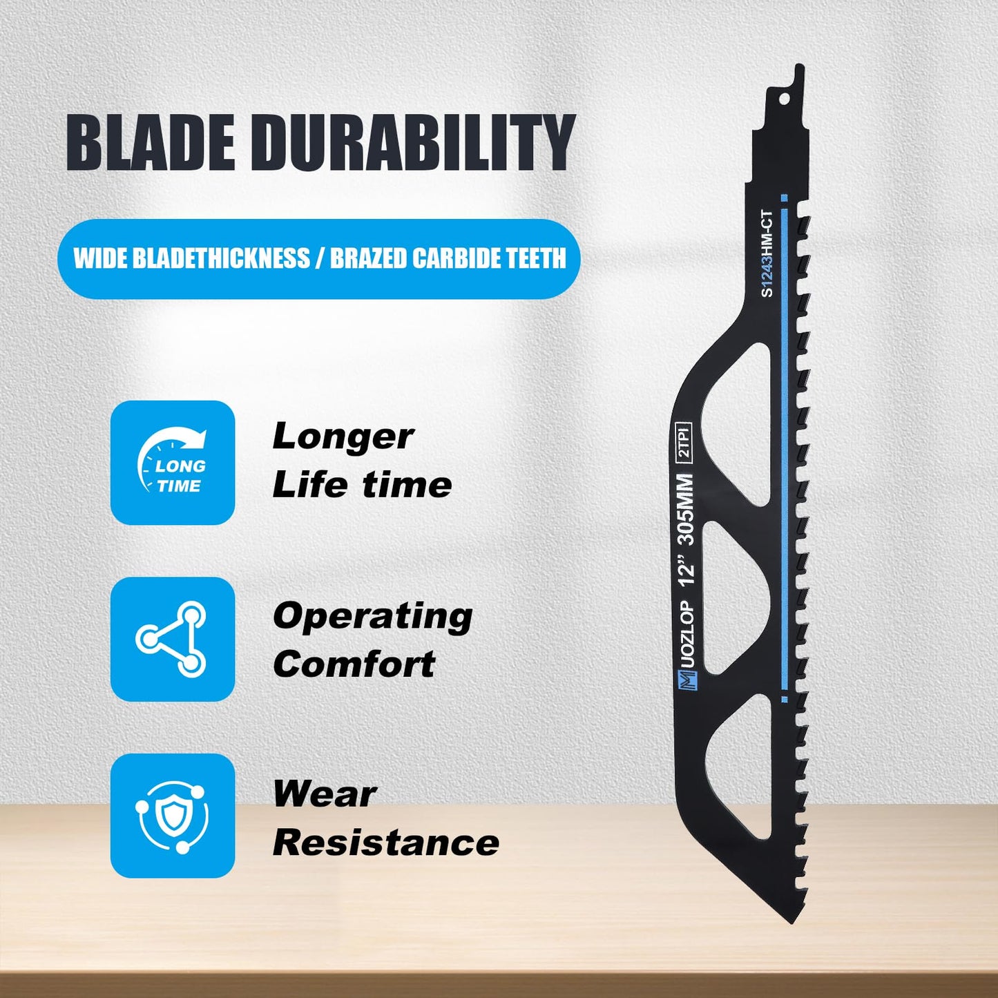 MUOZLOP 12 inch Masonry Reciprocating Saw Blades,2TPI Carbide Blade Strong teeths for Cutting Brick, Cement, Porous Concrete，5 Pack (5, 12 inch)