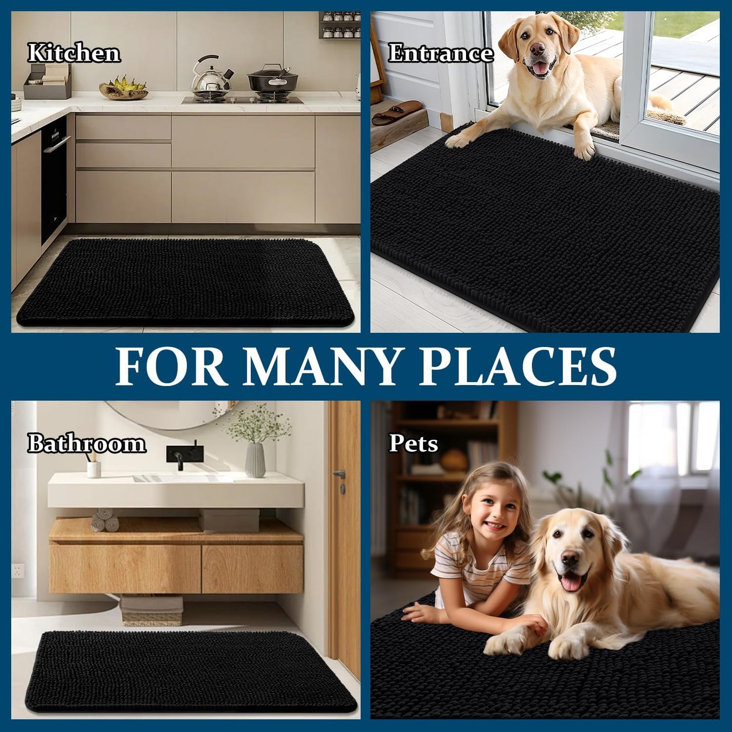 OLANLY Dog Door Mat - Absorbent Non-Slip Chenille for Muddy Paws | 36x24 Inches, Quick Dry, Black