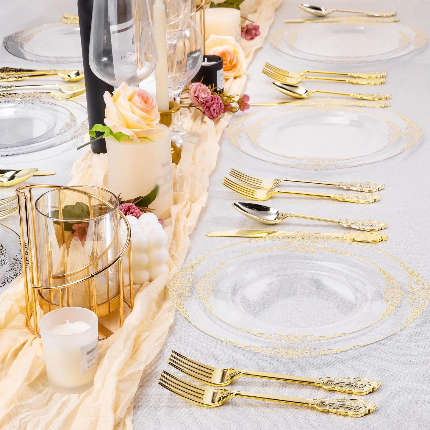 Bestluck 100 PCS Clear and Gold Plastic Plates for 50 Guests, Clear Disposable Plates Include 50 PCS Dinner Plates, 50 PCS Dessert Plates for Party, Wedding