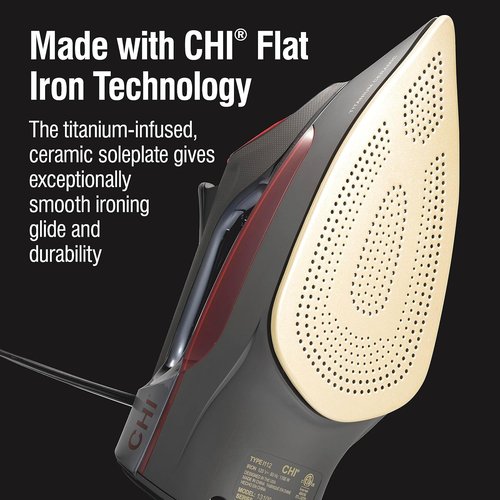 CHI Steam Iron - Professional Grade 1700 Watts with 8’ Retractable Cord & Titanium Soleplate - Black/Chrome