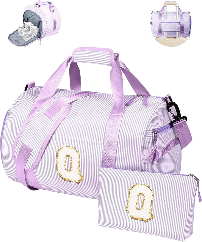 Dorm Room Essentials for Girls, Girl Gym Bag, Kids Initial Overnight Duffel Bags with Shoe Compartment, Personalized Dance Bag with Makeup Pouch, Trendy Stuff for Preteen (Letter Q)