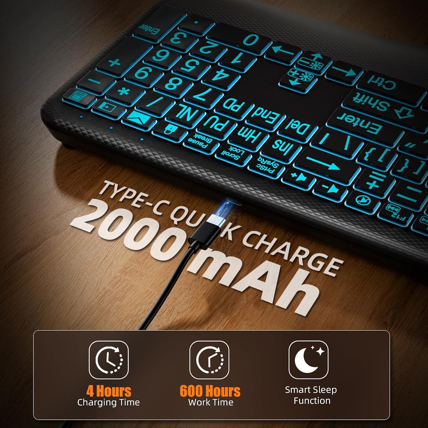 Hamile 7-Color Setting, Large Print Wireless Backlit Keyboard Rechargeable Quiet Low-Profile Keys, Light up with Memory