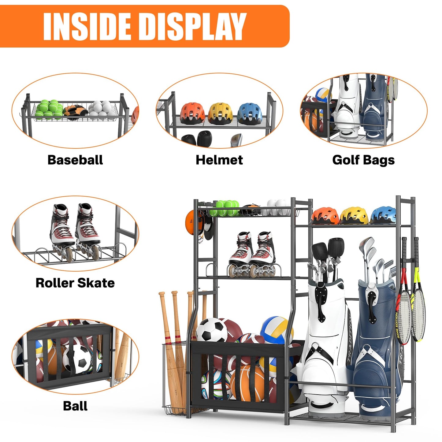 TORACK Golf Bags Stand with Ball Storage, Large Capacity Garage Sports Equipment Organizer, Indoor Toys Storage