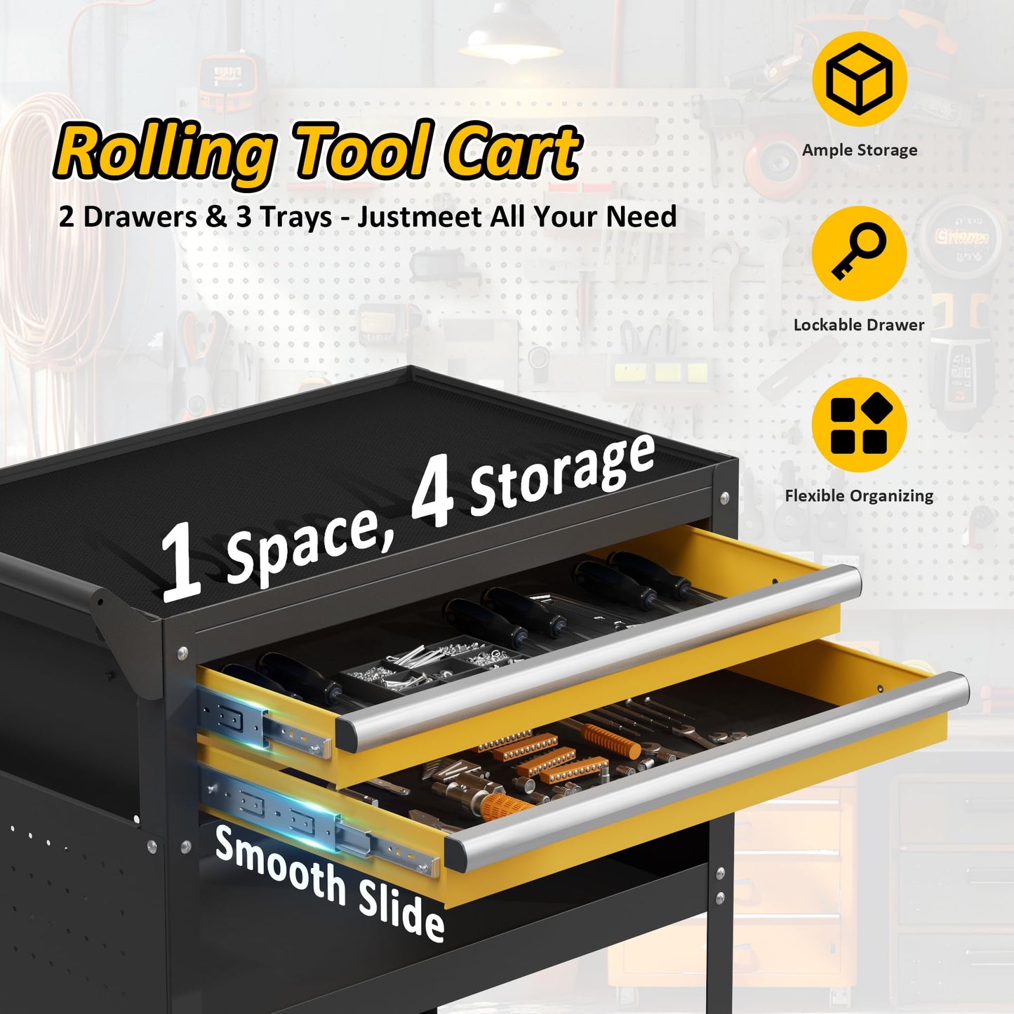 VDEVY 5-Tier Rolling Tool Cart on Wheels, Tool Storage Organizer for Mechanic, Heavy Duty Utility Cart with Drawers, Pegboards, Locking System, Suitable for Garage, Workshop, Warehouse