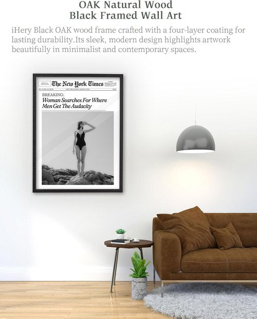 iHery Premium Natural Black Oak Wood Framed Wall Art - Retro Woman Canvas Decor 12x16in for Girly Dorm & Living Room