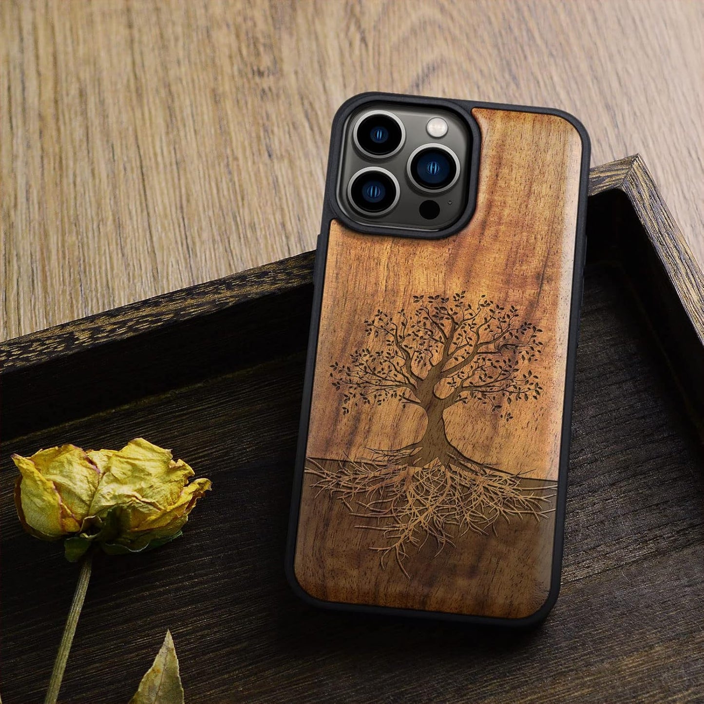 Carveit 14 Magnetic Wood Case for iPhone Pro Max [Natural Wood & Black Soft TPU] Unique & Classy Wooden Shockproof