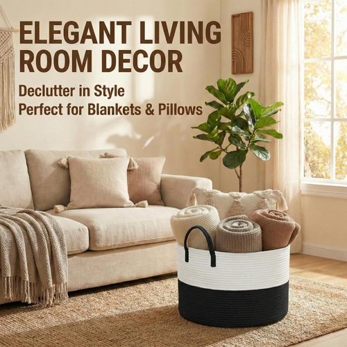 JMvicyroam Extra Large Blanket Basket - Woven Cotton Rope Laundry Hamper with Reinforced Handles | White & Black