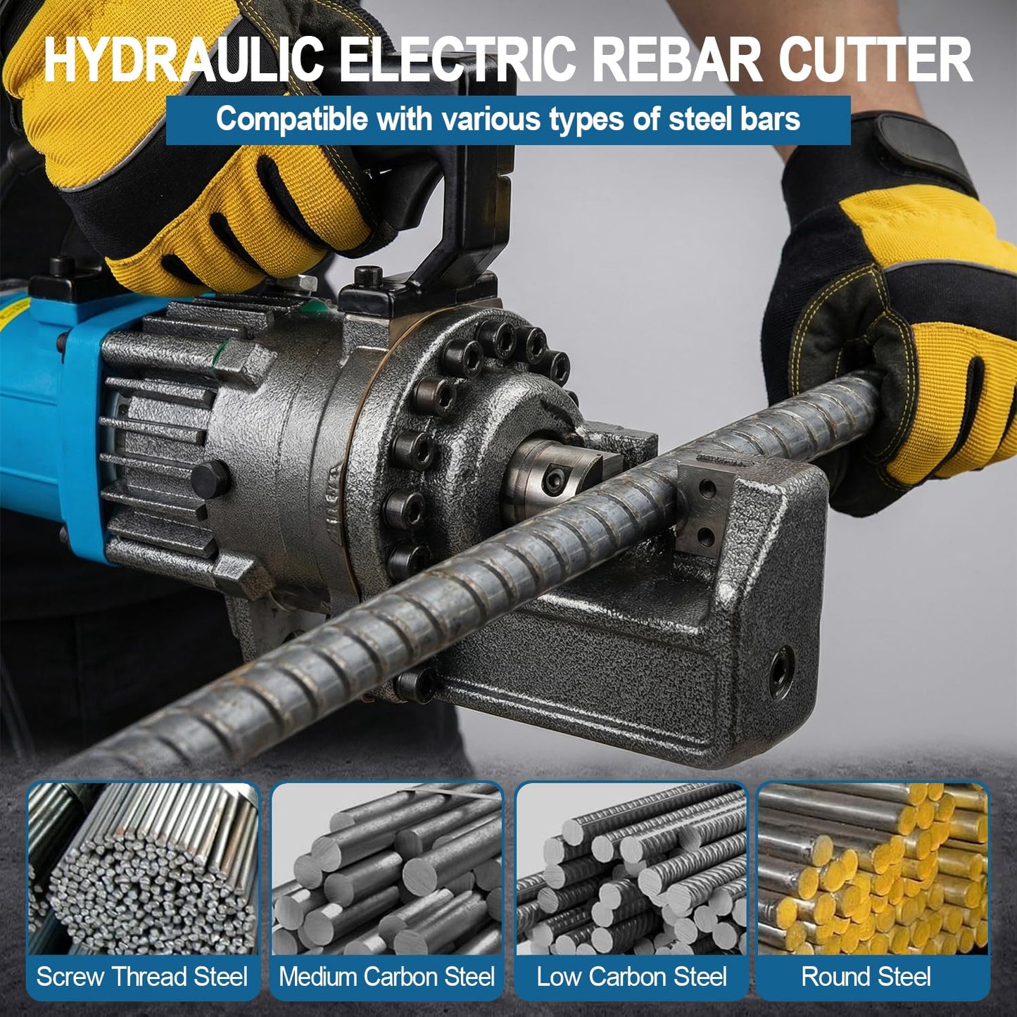 7/8" Electric Hydraulic Rebar Cutters 1400W Portable Rebar Cutter 110V/60Hz Fast Cutting 4-22mm #3– #7 in 1.5-2.5s for Construction with Stainless Steel Carry Case RC-22