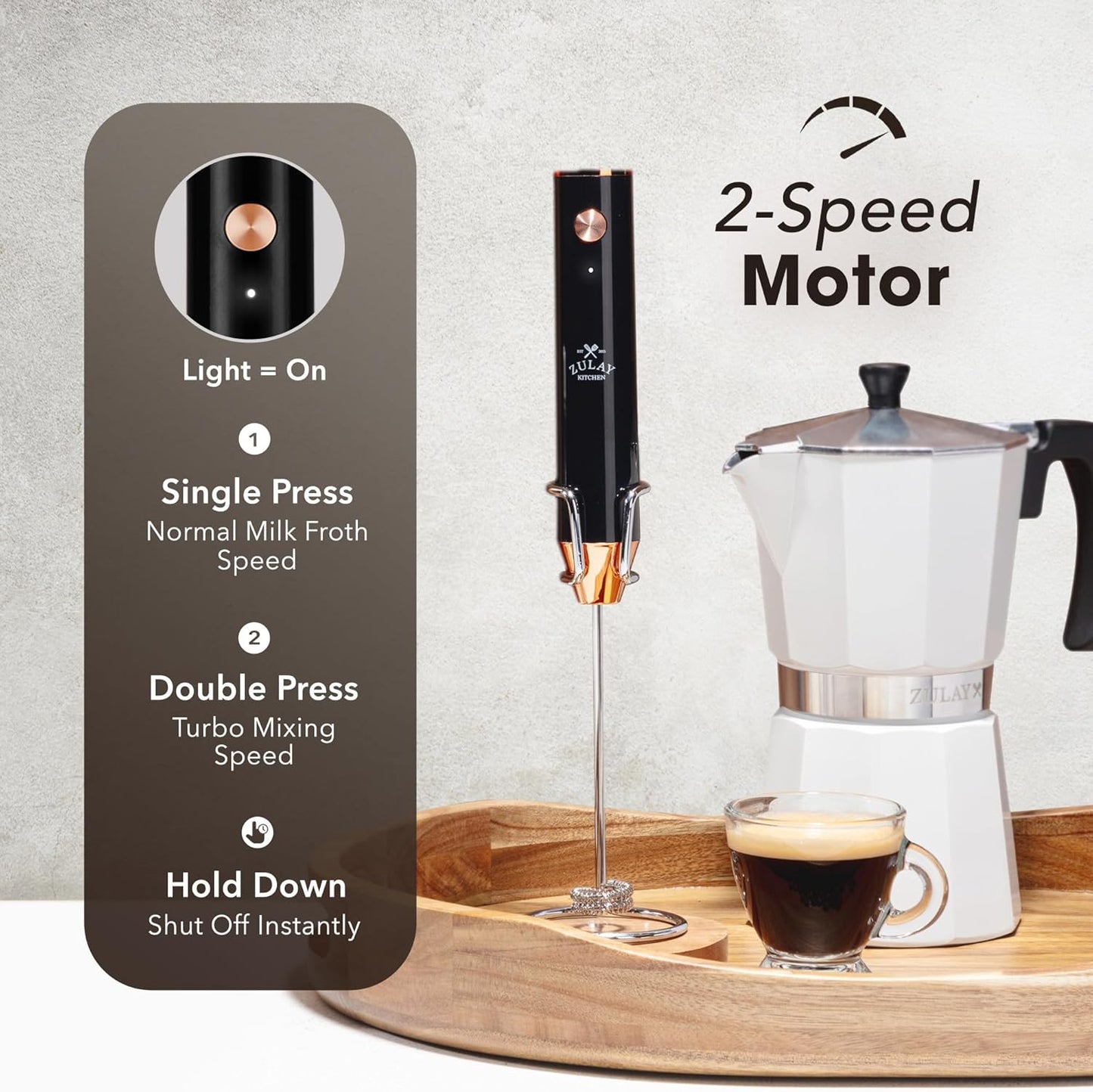 Zulay Kitchen Rechargeable Milk Frother - Powerful 2-Speed Motor, 4 Whisks, Waterproof - Dark Copper Drink Mixer for Lattes & Cappuccinos