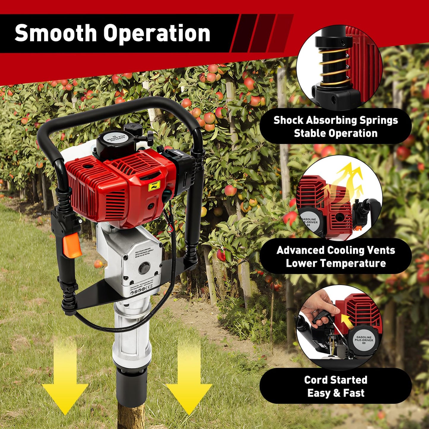 AKSDSGA 52CC Petrol Post Driver 2 Stroke Gas Powered T-Post Driver Hammer Drills with 2 Post Driving Heads, Air Cooling Single Cylinder Gasoline Petrol Garden Fencing Tool Machine