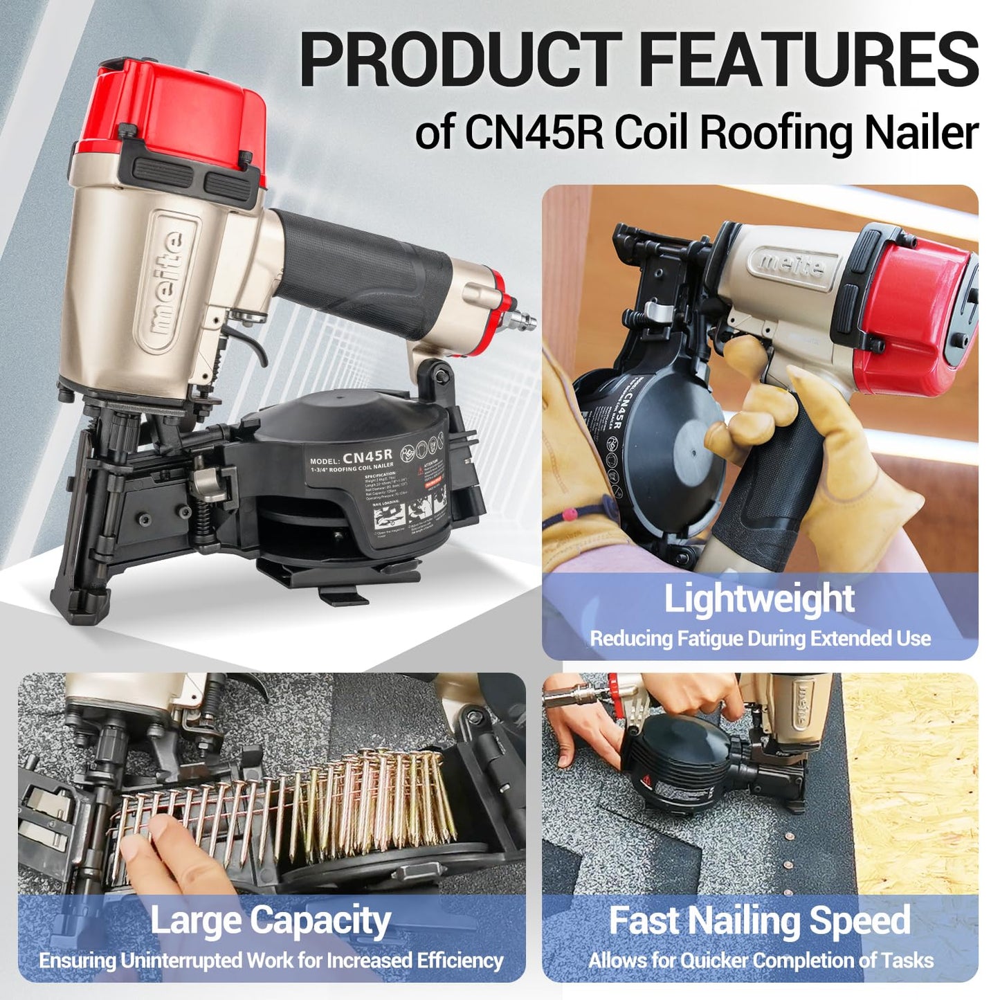 meite CN45R Roofing Nailer 15 Degree Coil Roofing Nail Gun, Pneumatic Nail Gun Accepts 7/8" to 1-3/4" Coil Roofing Nails, Roofing Nailer with 120 Nail Magazine for Asphalt Shingles Decking Sheathing