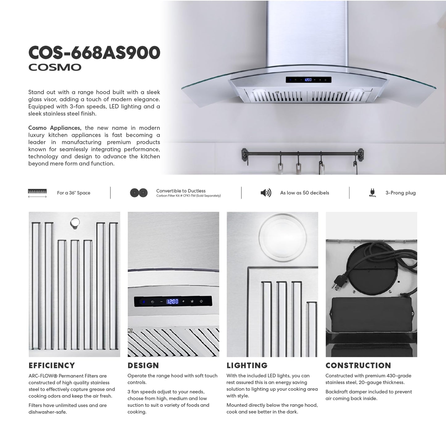 COSMO COS-668AS900 36 in. Vista Collection 380 CFM Ducted Wall Mount Range Hood, Touch Controls, LED Lights, Stainless Steel