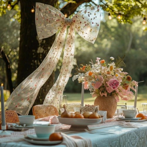 Canlierr Extra Large Floral Tulle Bow Decorations - 39 x 59 Inch Champagne Organza Bow with Long Ribbon Tails for Spring Wedding Backdrop & Room Decor