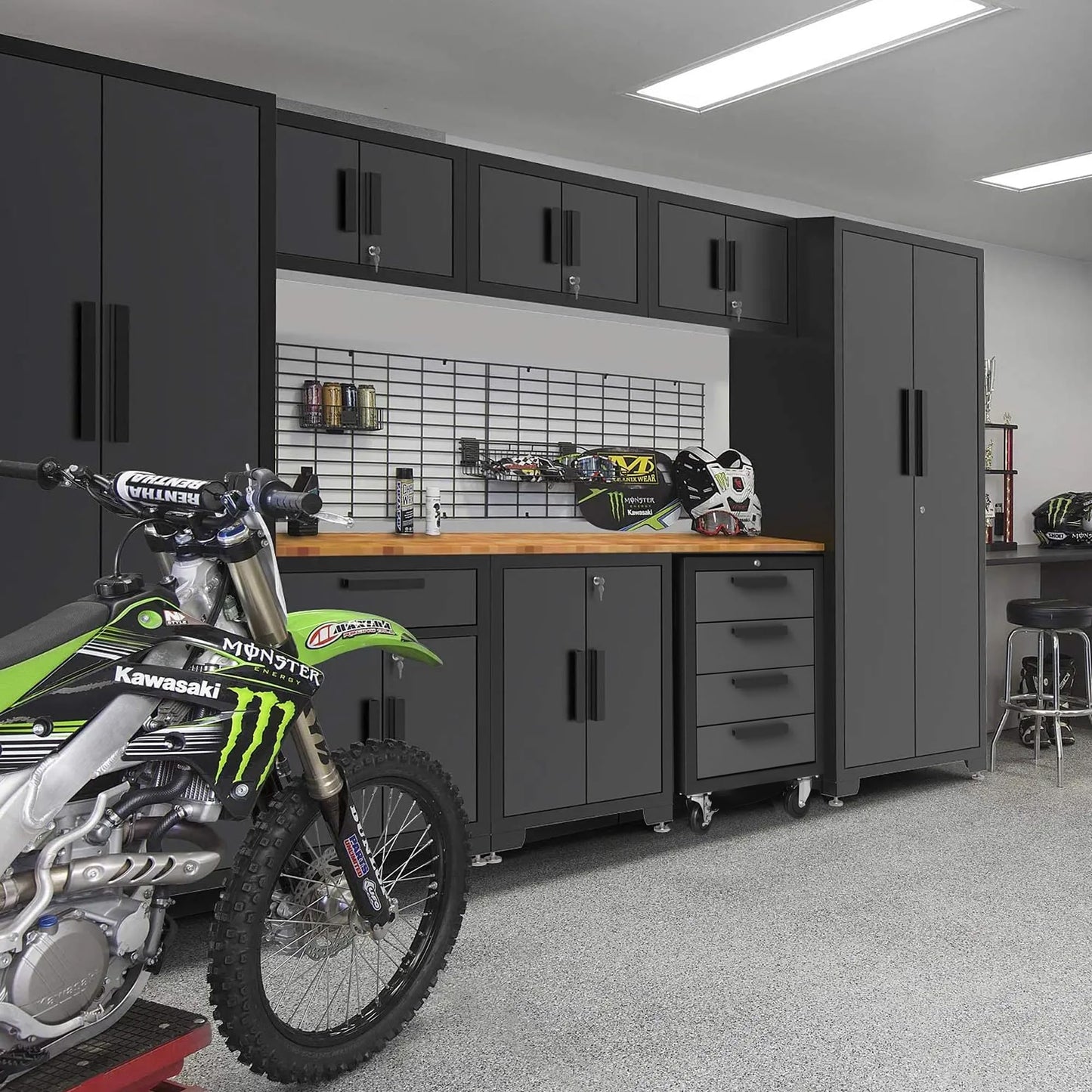 TCE Heavy Duty 12 Piece Garage Storage System: Metal Organization Workbench and 4-Drawers Rolling Cabinet, Black/Grey