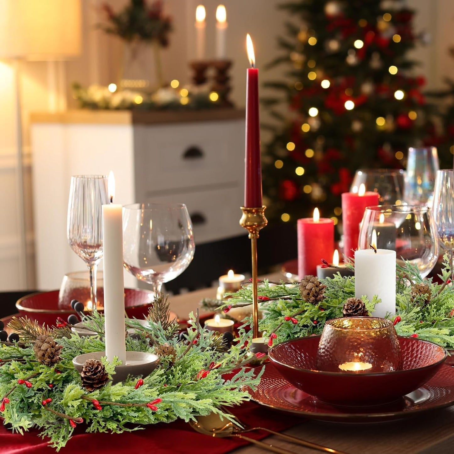 Skiennix 8 Pcs Artificial Christmas Candle Rings - 9 Inch Cedar Pine Garland Wreaths with Red Berries & Pinecones for Winter Table Centerpiece