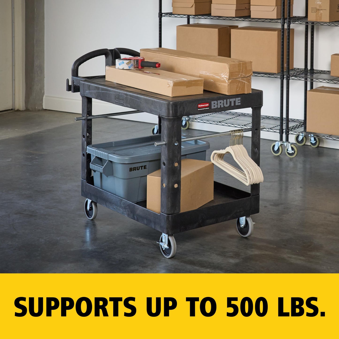 Rubbermaid Commercial Products 2-Shelf Utility/Service Cart, Medium, Flat Shelves, Ergonomic Handle, 500 lbs. Capacity, Ideal for Warehouse/Garage/Cleaning/Manufacturing