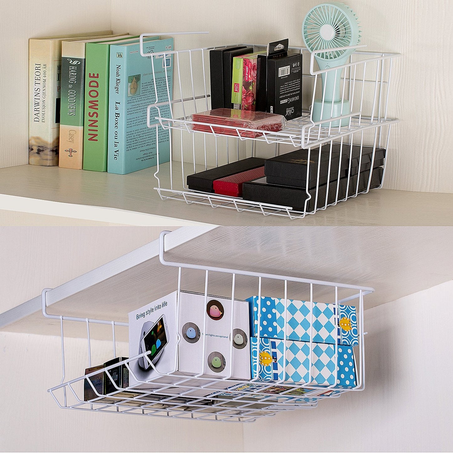 Lonians 2-Pack Under Shelf Hanging Storage Baskets - Metal Wire Rack Organizer for Kitchen, Pantry, Cabinet, Bathroom, Desk - Space Saving Shelf Extender (White, Large)