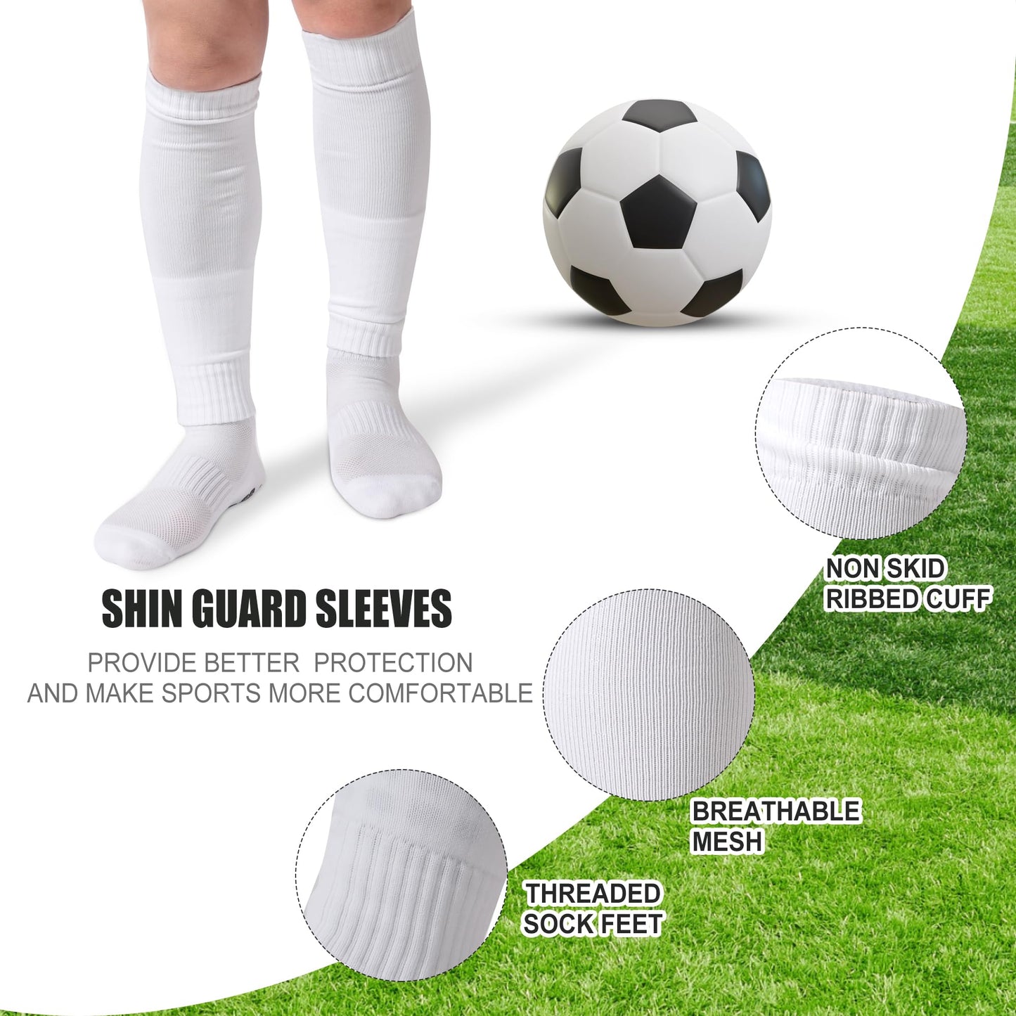 Barrlves 2 Set Grip Soccer Socks and Shin Guard Sleeves Non Slip Soccer Sleeve Socks for Men Women(US, Alpha, One Size, Regular, Regular, Black&White)