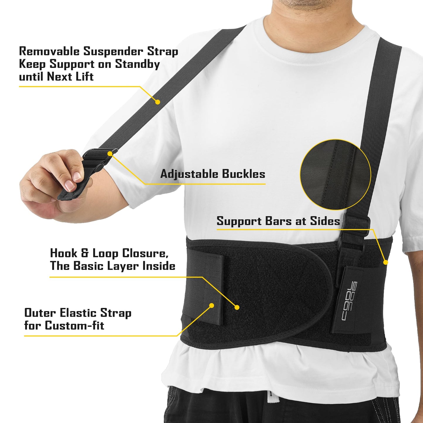 COOLJOB Expert Back Brace for Lower Back Pain Relief, Powerful Lumbar Support with 3D Foam Pad and Elastic Shoulder Strap, Breathable Adjustable Support Belt for Men Women, Black, XL for Waist 48-58"