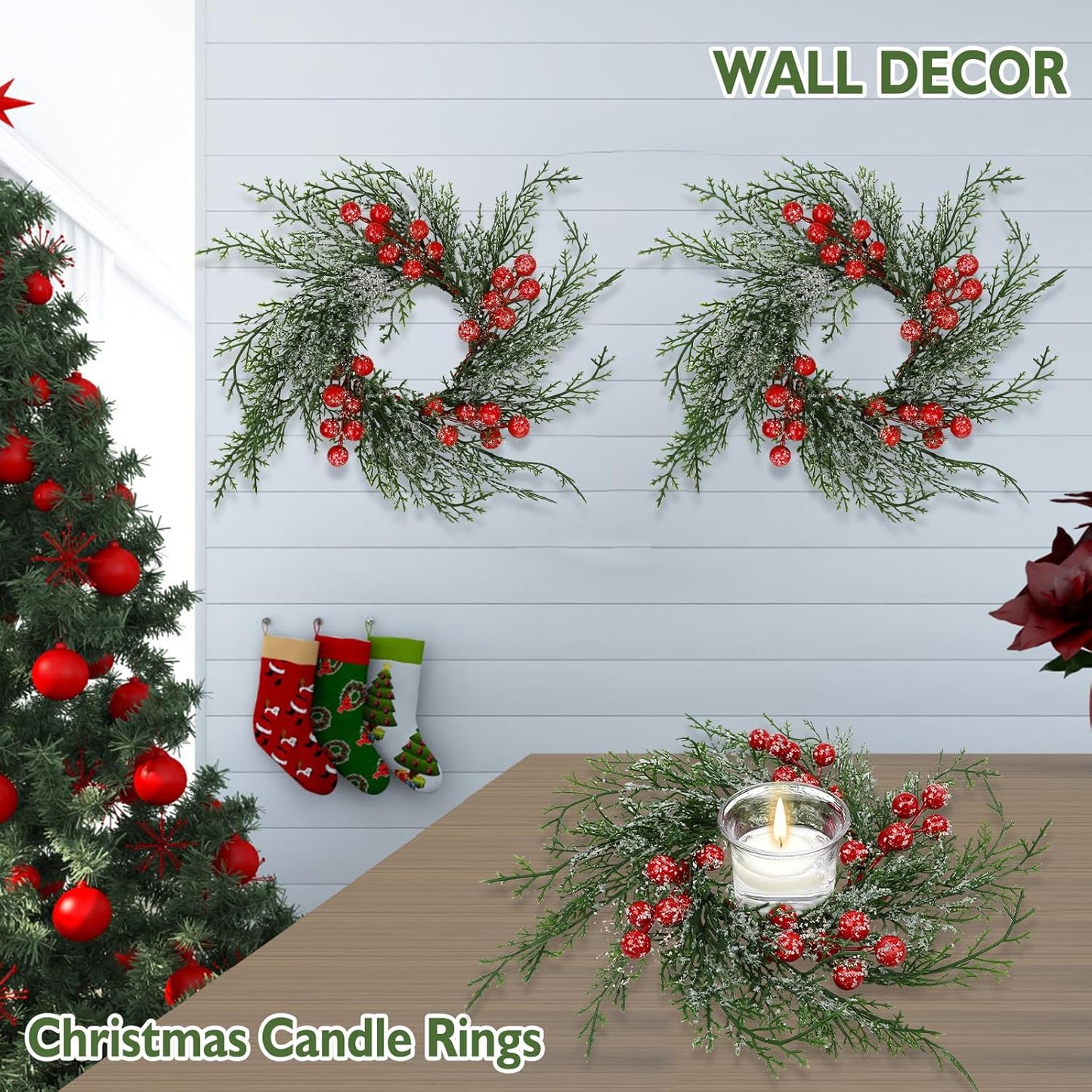 Skiennix Christmas Candle Rings - 6 Pcs Artificial Wreaths with Red Berries & Snowy Pine | Festive Table Centerpiece