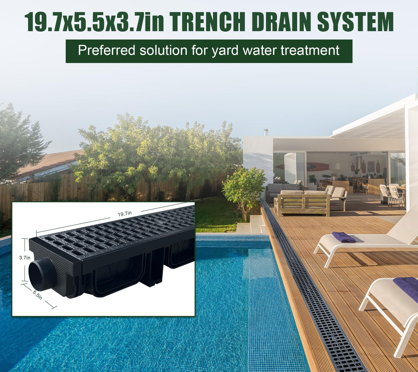 Natotela HDPE Channel Drain with Grates-19.7x5.5x3.7 in. Trench Drain System, 12 Pack Total Length 236.3 in, Yard Drainage System with 2 Outlet Adapters for Outdoor,Yard Fence,Sidewalk,Patio