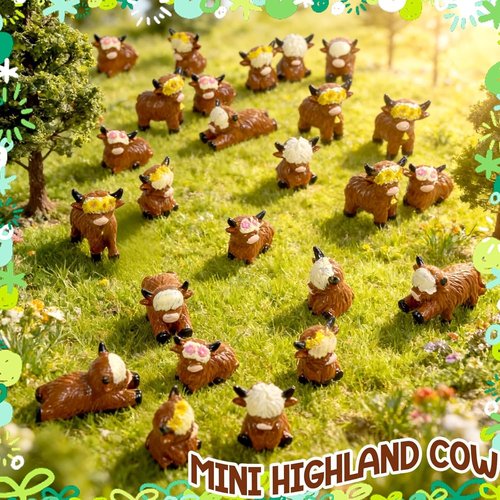Exasinine Mini Highland Cow Figurines - 25 Pcs Resin Sculptures for Cake Decorations & Garden Decor