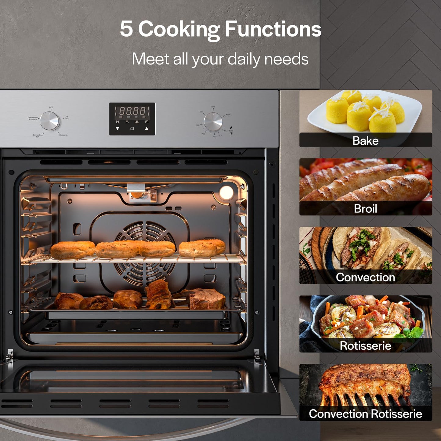 Empava Single Gas Wall Oven with 5 Cooking Funcitons, 24 inch Built-in Wall Convection Natural Gas Oven with Mechanical Control Knobs, Digital Display Panel, Stainless Steel
