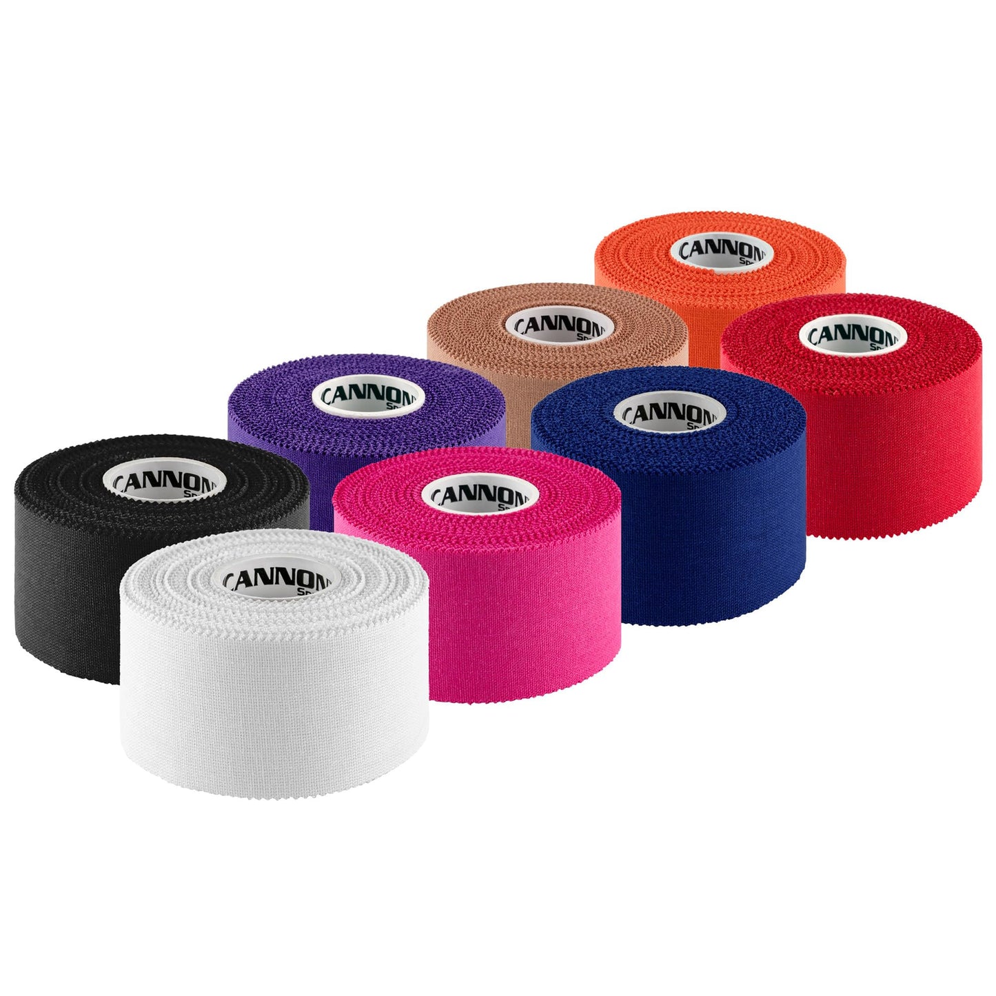 Cannon Sports Premium Athletic Tape - 1.5” x 45 Feet Per Roll - Easy Tear, No Sticky Residue, Very Strong, Hypoallergenic, Latex Free - Pack of 8 (White-Black-Pink-Purple-Blue-Natural-Red-Orange)