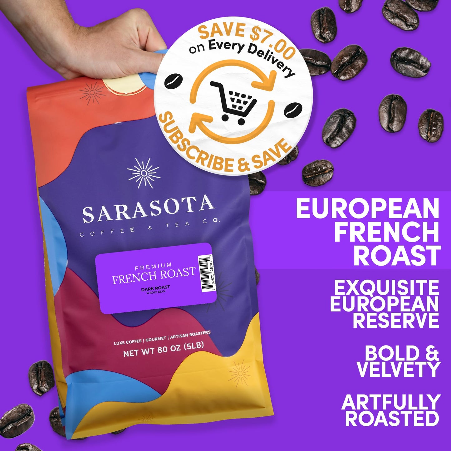 Sarasota Coffee Whole Bean Cubano European French Roast | Dark Roast Gourmet Coffee Beans | Low Acid, Mold Free, Specialty Grade Bulk Coffee Beans | 5lb (80 oz)