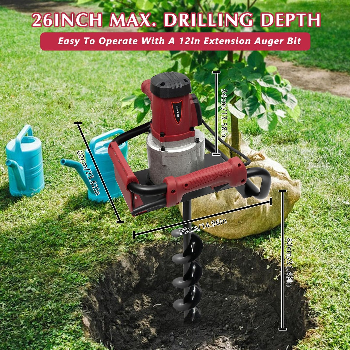 Post Hole Digger 1500W Earth Auger Hole Digger Electric Post Hole Digger w/4" & 6" Auger Bits Set for Fence Garden Farm Plant