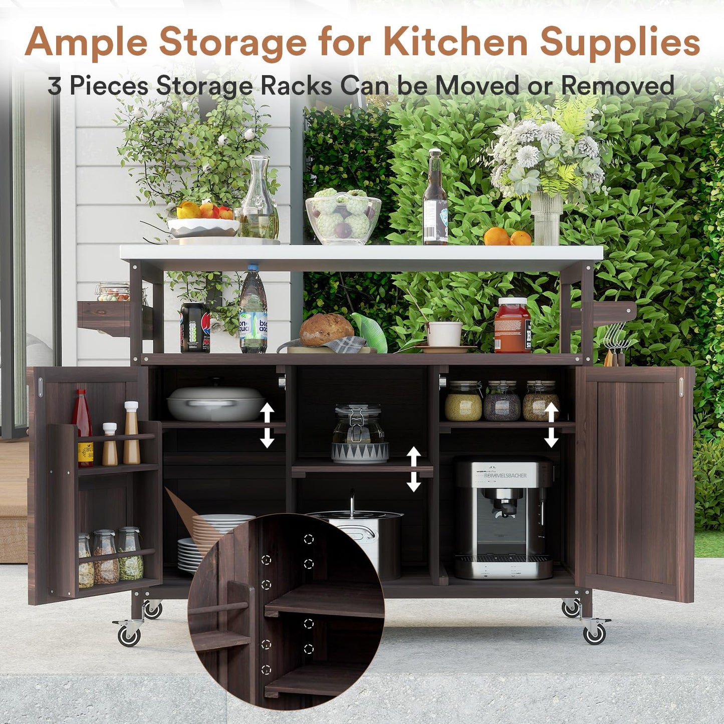 Zevemomo Outdoor Grill Cart with Storage Space, Stainless Steel Tabletop Outdoor Kitchen Island, Fir Wood Outdoor Buffet Cabinet with Lockable Casters for Grilling, Brown