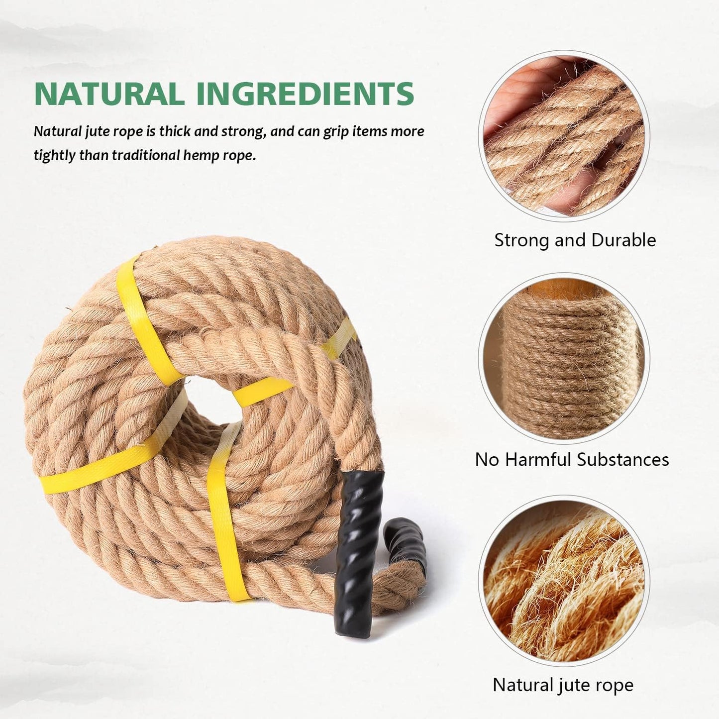 Jute Rope 3/4 in × 100 ft Natural Material Heavy Duty Twisted for Indoor Outdoor Crafts, Nautical, Tug of War Rope, Railing, Hammock, Swing,Gardening, Climbing
