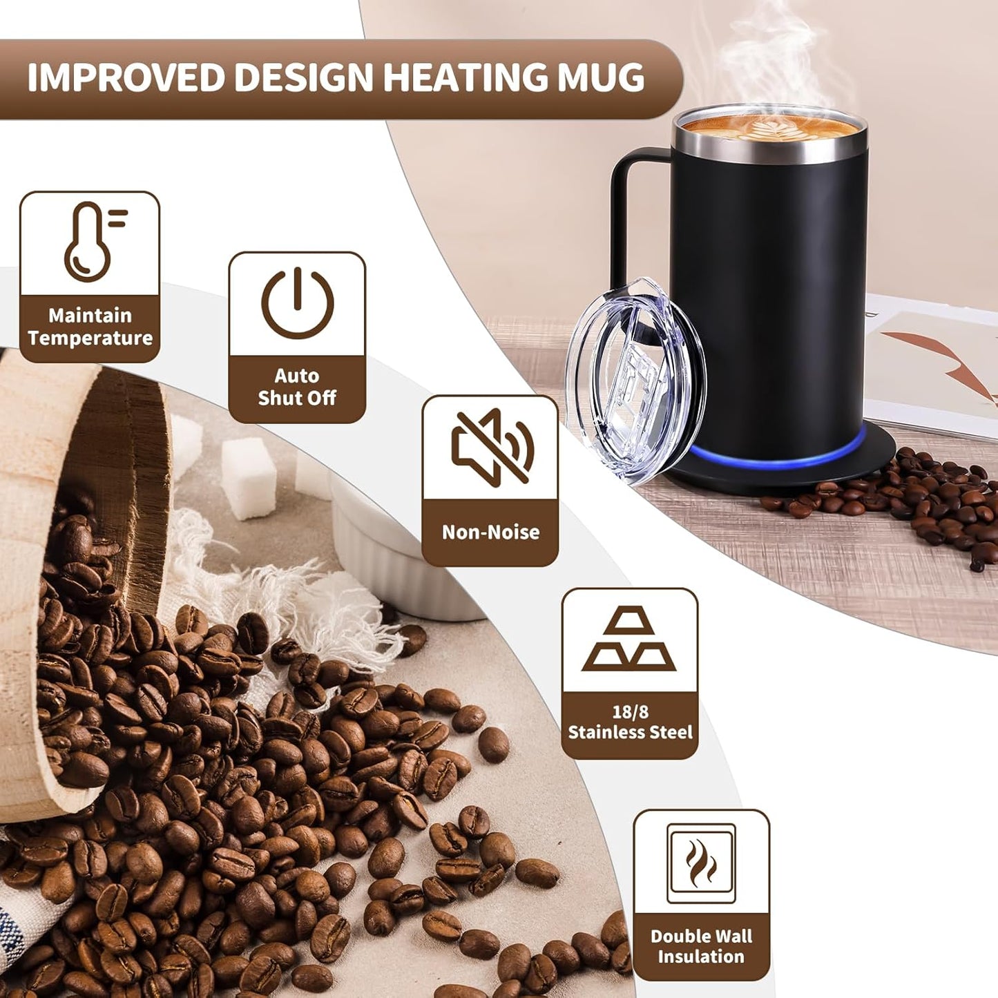 YIMUBREEZ 10Hrs Set (17oz-Black) Smart Temperature Control Coffee Mug for Desk,Heated Cup with Auto Shut Off, USB