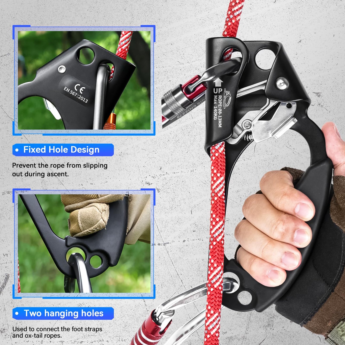 Erosados Hand Ascender for Outdoor Rock Climbing Ascender Strong Rappelling Gear for 8-13mm Rope Climbing Equipment for Tree Climbing Mountaineering Caving Adventures (Right Hand)