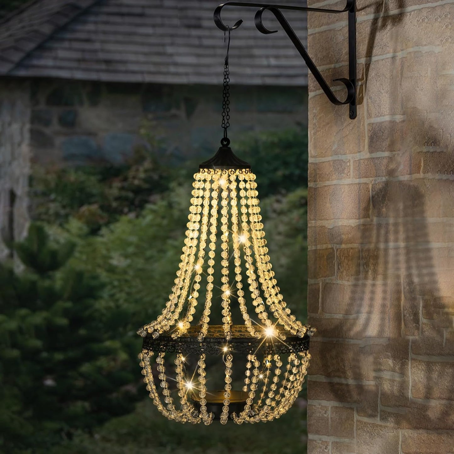 Skiennix Hanging Solar Lantern - 28” Modern Clear Crystal Acrylic Chandelier with 30 Warm White Lights for Garden & Patio Decor