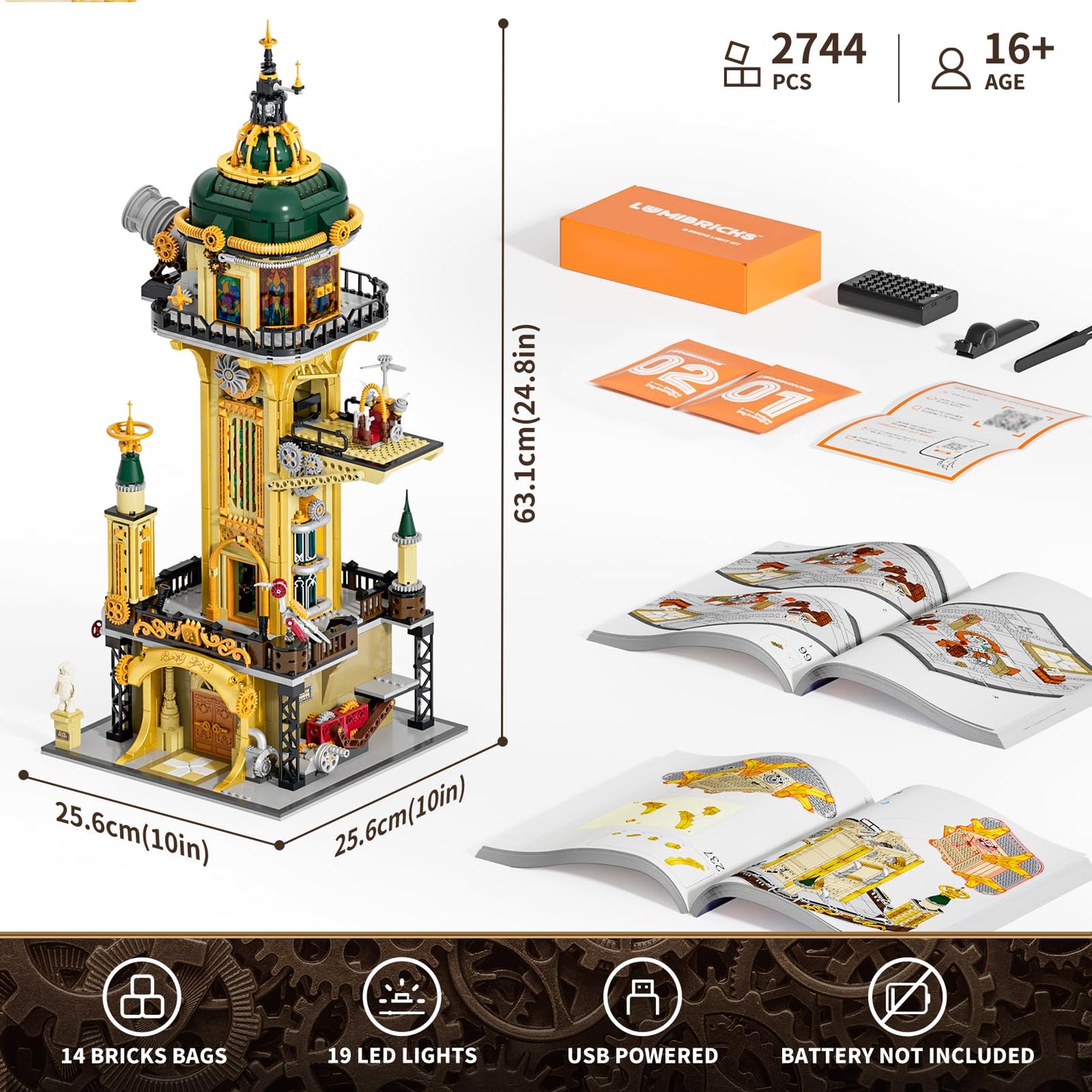 Lumibricks Steampunk Observatory Tower Lighting Building-Bricks Set - Astronomy Tower 2744 Pcs Collection Display Set for Adults and Steampunk Lovers