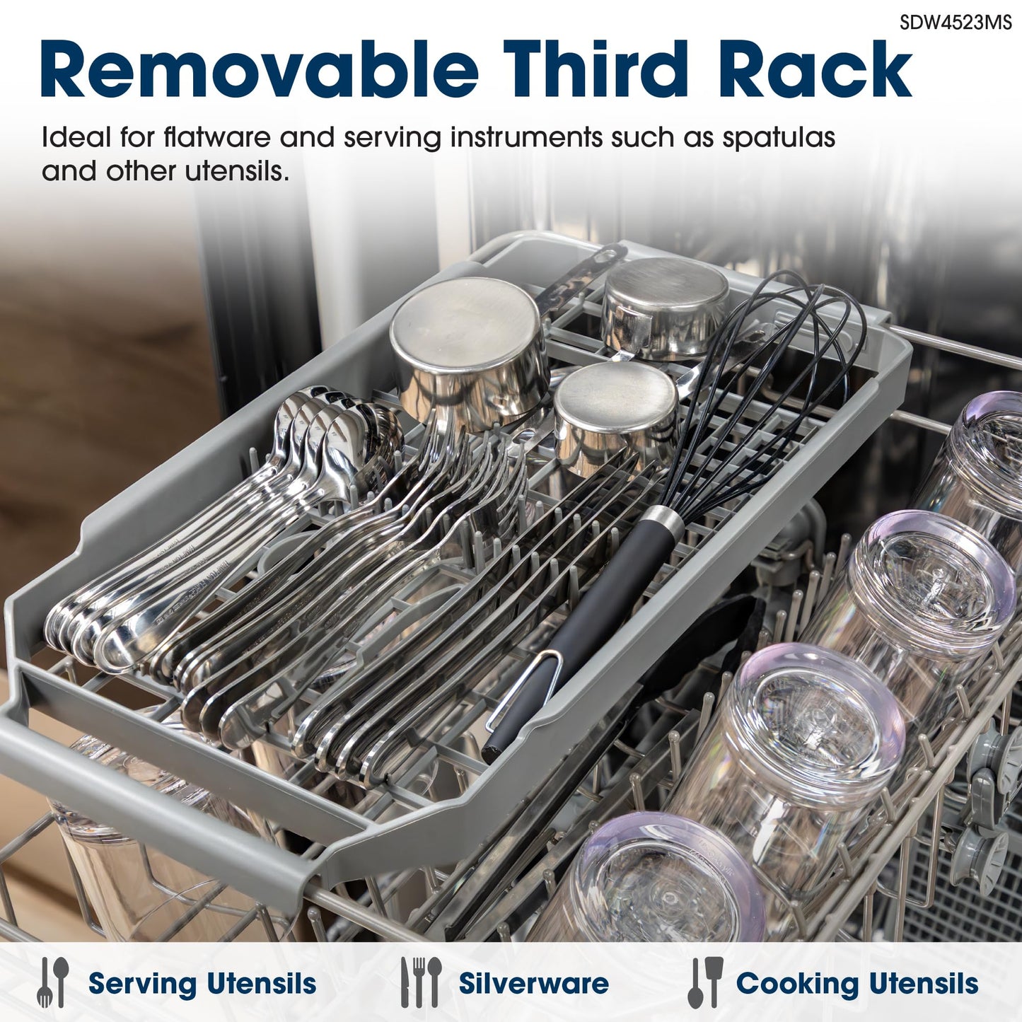 Sharp SDW4523MS 18-Inch Built-In Dishwasher, Stainless Steel, 47 dB, Third Rack, 8 Place Settings, 6 Wash Cycles