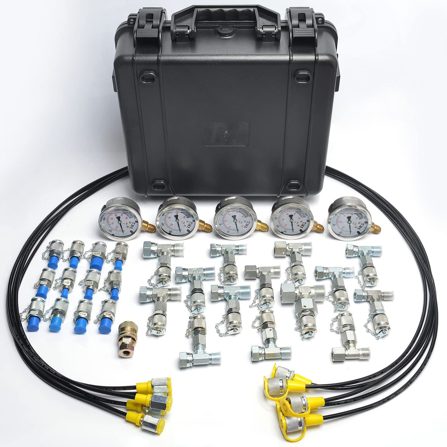 YFIXTOOL Hydraulic Pressure Test Kit with 5 Gauges (150/1500/3500/6000/9000 PSI) & 14 Tee Connectors, Hydraulic Pressure Gauge Set with 5 Test Hoses & 13 Couplings for Excavators.