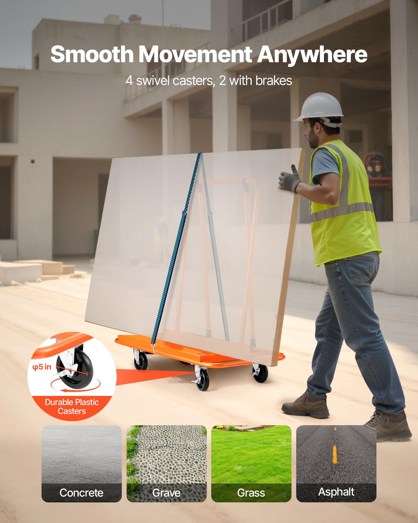 VEVOR Drywall Cart Dolly, Steel Panel Dolly with 4 Swivel Casters, Durable & Long-Lasting, Panel Truck Cart with Tie-Down Strap for Plywood, Plasterboard, Glass, Orange