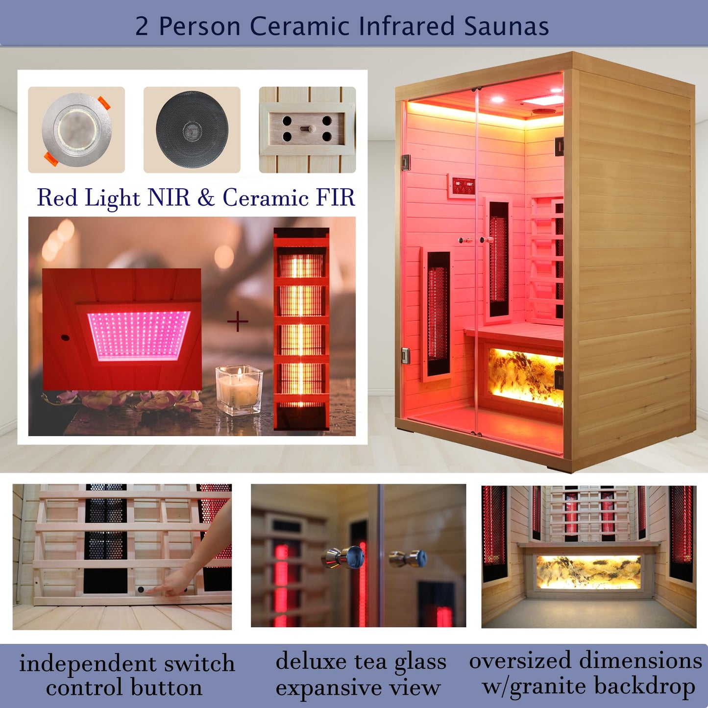KUNSANA Ceramic Infrared Saunas 2 Person, Infrared Sauna with Red Light Therapy, Far & Near Infrared Sauna Indoor, Low EMF Infrared Sauna for Home, Deluxe Glass Home Sauna with Granite Backdrop