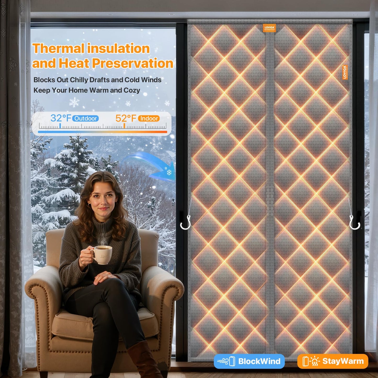 LOVIGA Heavy Duty Thermal Insulated Door Curtain, Thicken Oxford & Cotton Magnetic Thermal Door Cover for Winter, Weatherproof, Self Sealing, Keep Cold Out, Fit Doors Size 36 Inch×82 Inch Grey