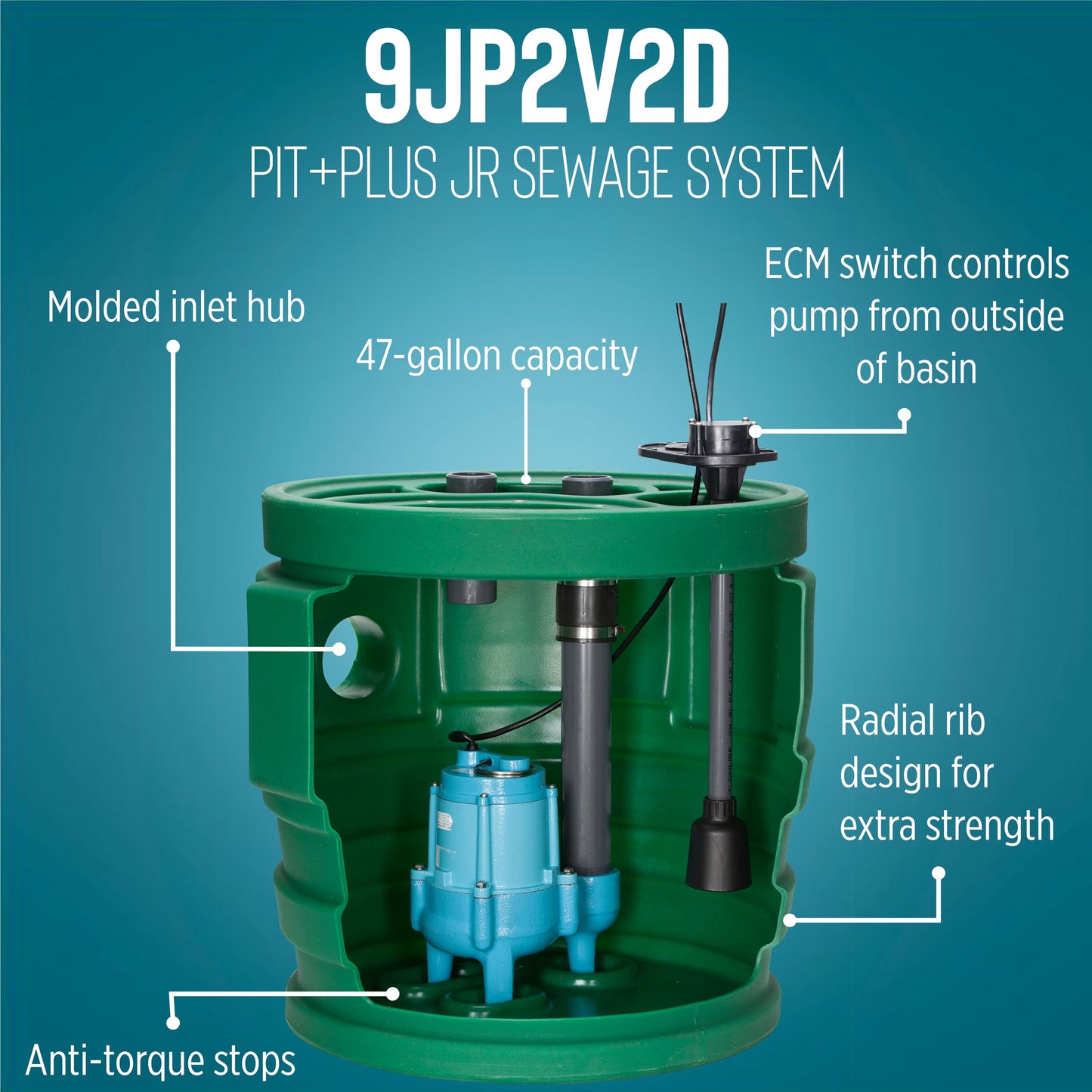 Little Giant 9JP2V2D Pit Plus JR Sewage Basin System with 115-Volt, 4/10 HP, 6000 GPH 9SC-CIM Sewage Pump, ECM Switch with 20-Ft. Cord, 2-inch Vent, 2-inch Discharge, Green/Blue/Black, 509687