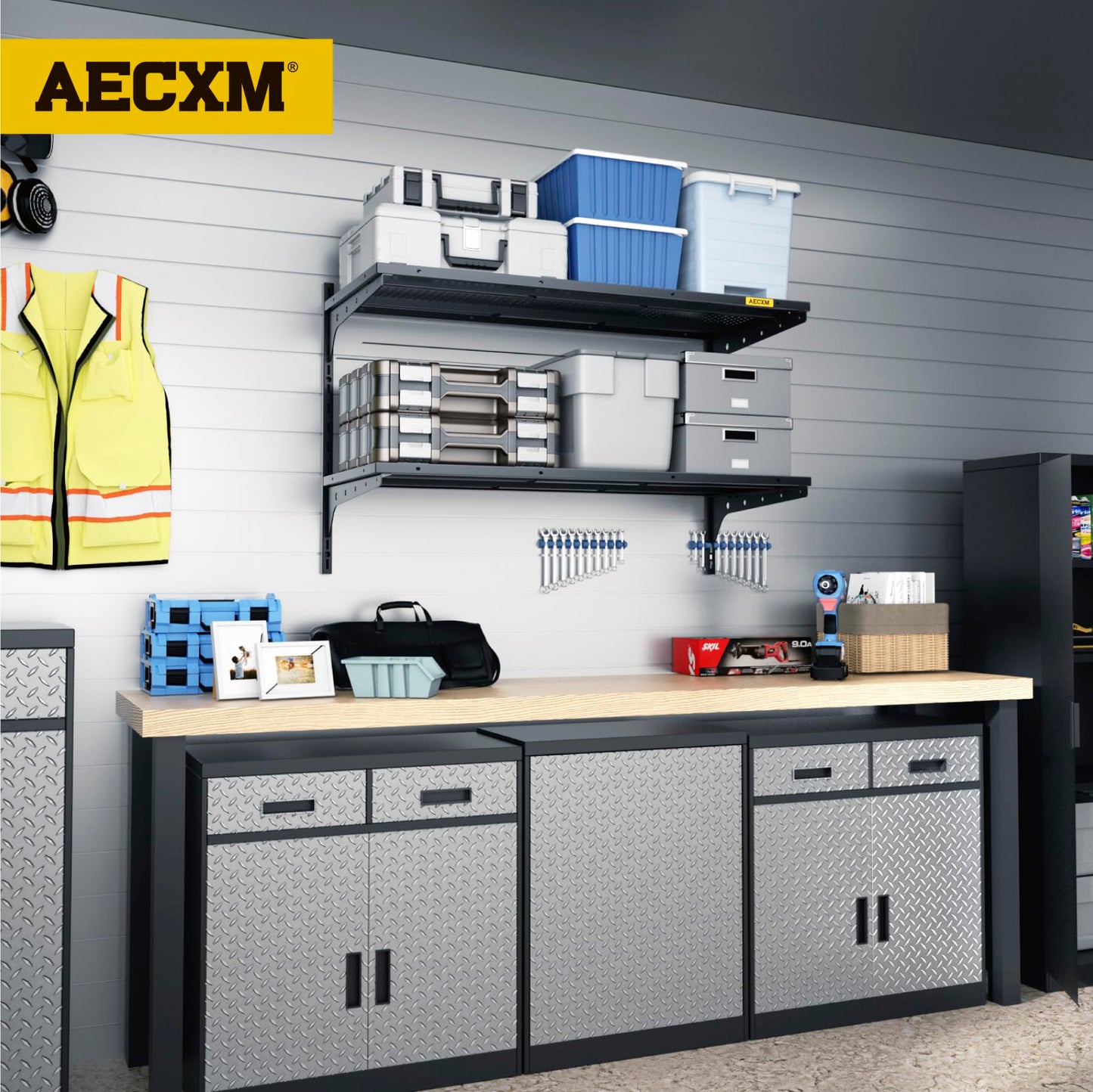 Aecxm 1pack×2 Tier 1.3x3ft Garage Shelving Wall Mounted, 400 lbs Load Capacity,15.6x36inch per Shelf Height Cassette Adjustable Floating Shelves, Black