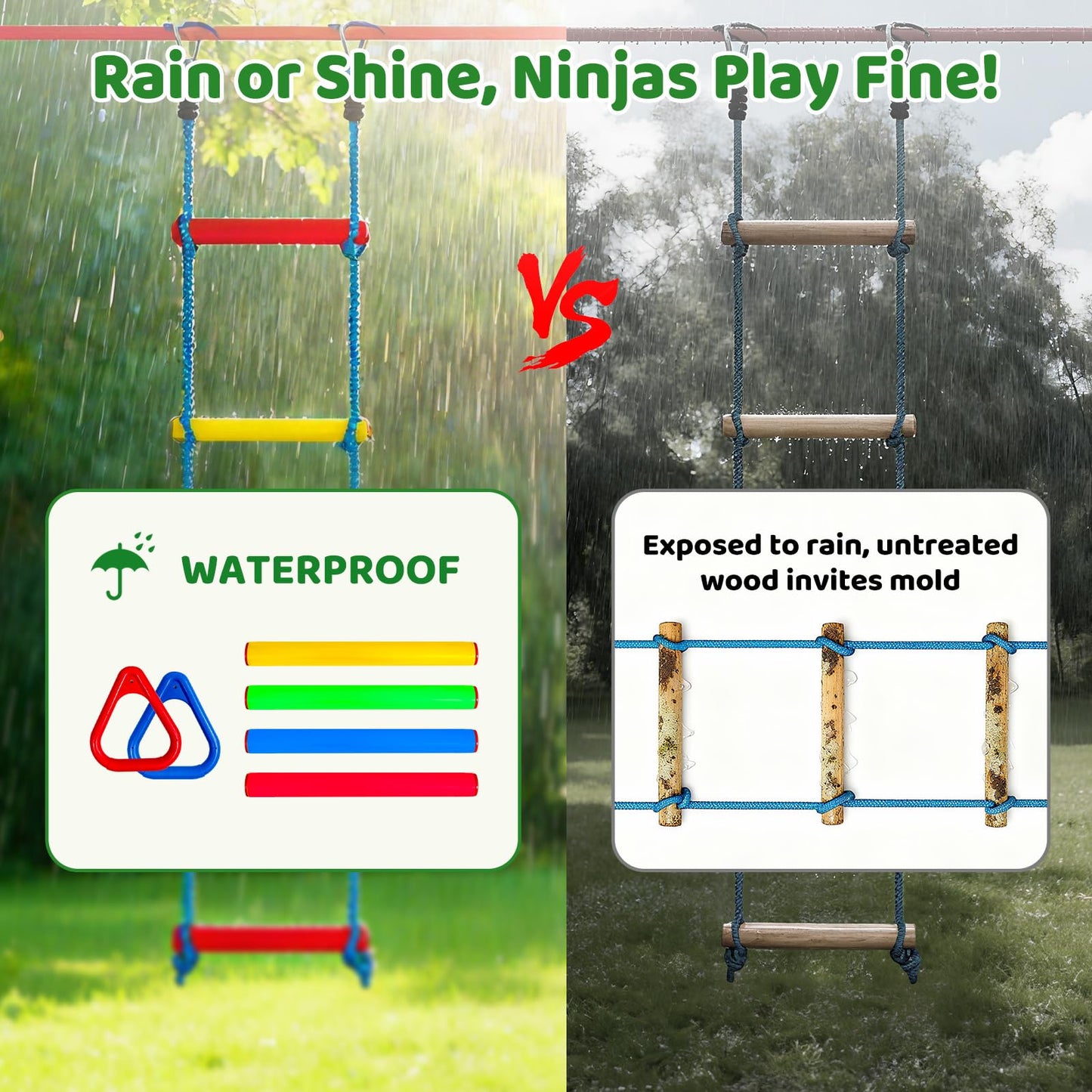 Dripex Ninja Warrior Obstacle Course for Kids, 2×50ft Slack Lines for Backyard with 8 Ninja Accessories - Monkey Bar, Rope Ladder, Gymnastic Ring, Arm Trainer and Monkey Fist