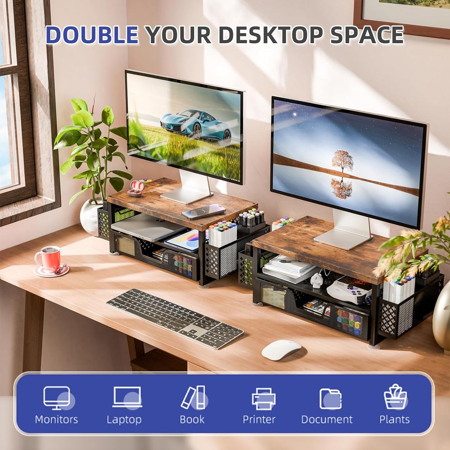 2 2-Tier Simple Trending Desk Organizers and Accessories, Computer Monitor Stand Riser with Drawer and Pen Holders