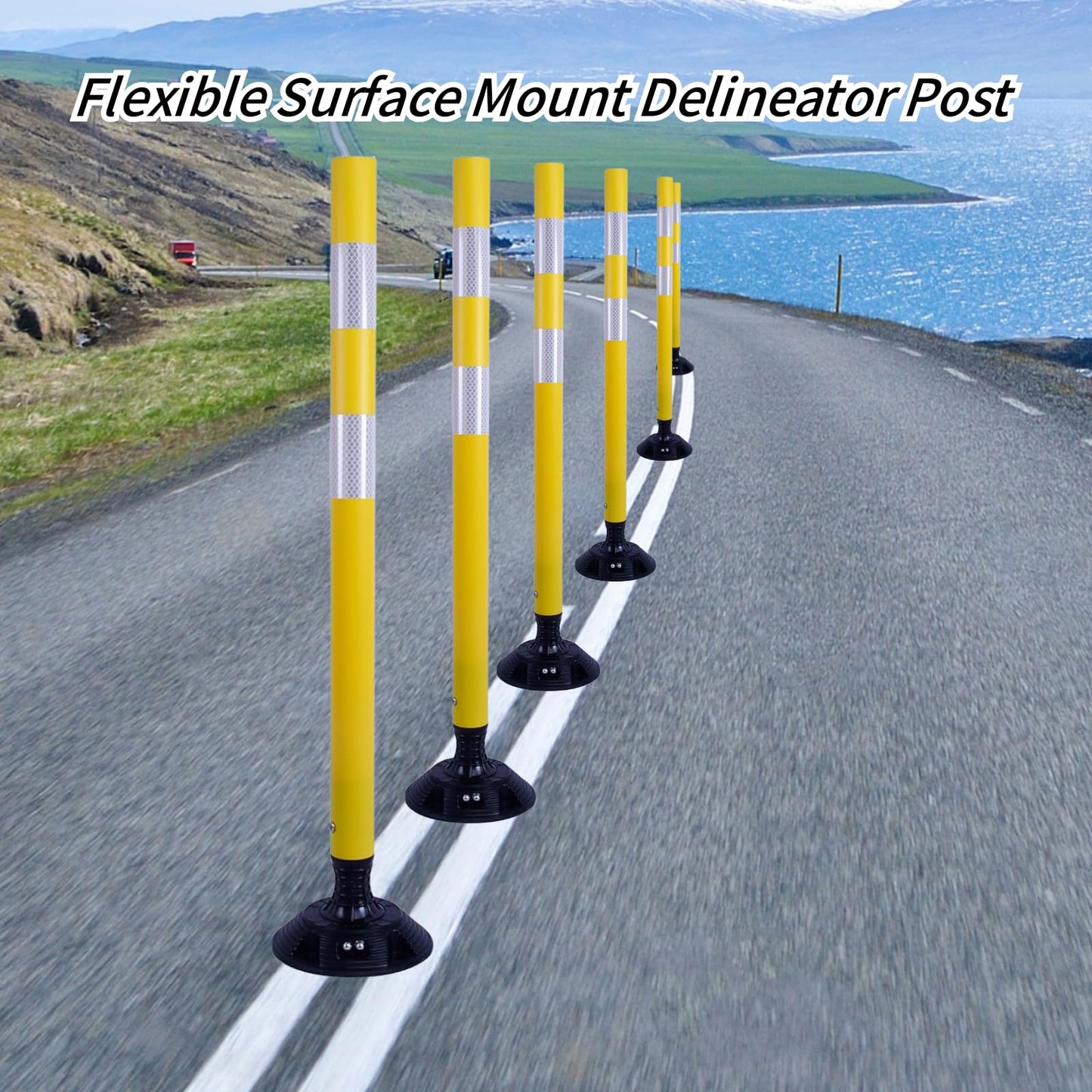 8 Pack Traffic Delineator Posts – High Visibility Reflective Safety Cones with Spring Base for Roadway, Parking, Garage, Construction Zones (Yellow, 36 Inch)