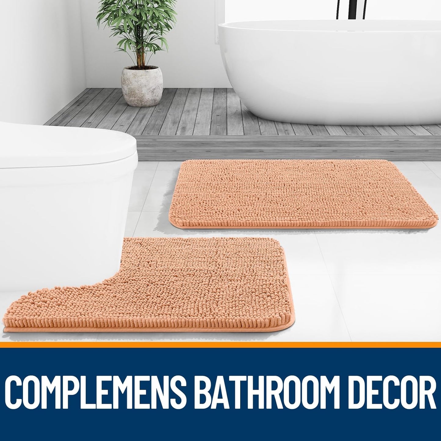 OLANLY U-Shaped Toilet Rugs - Extra Soft Chenille, Quick-Dry, Non-Slip Bath Mat | 24x20, Peach