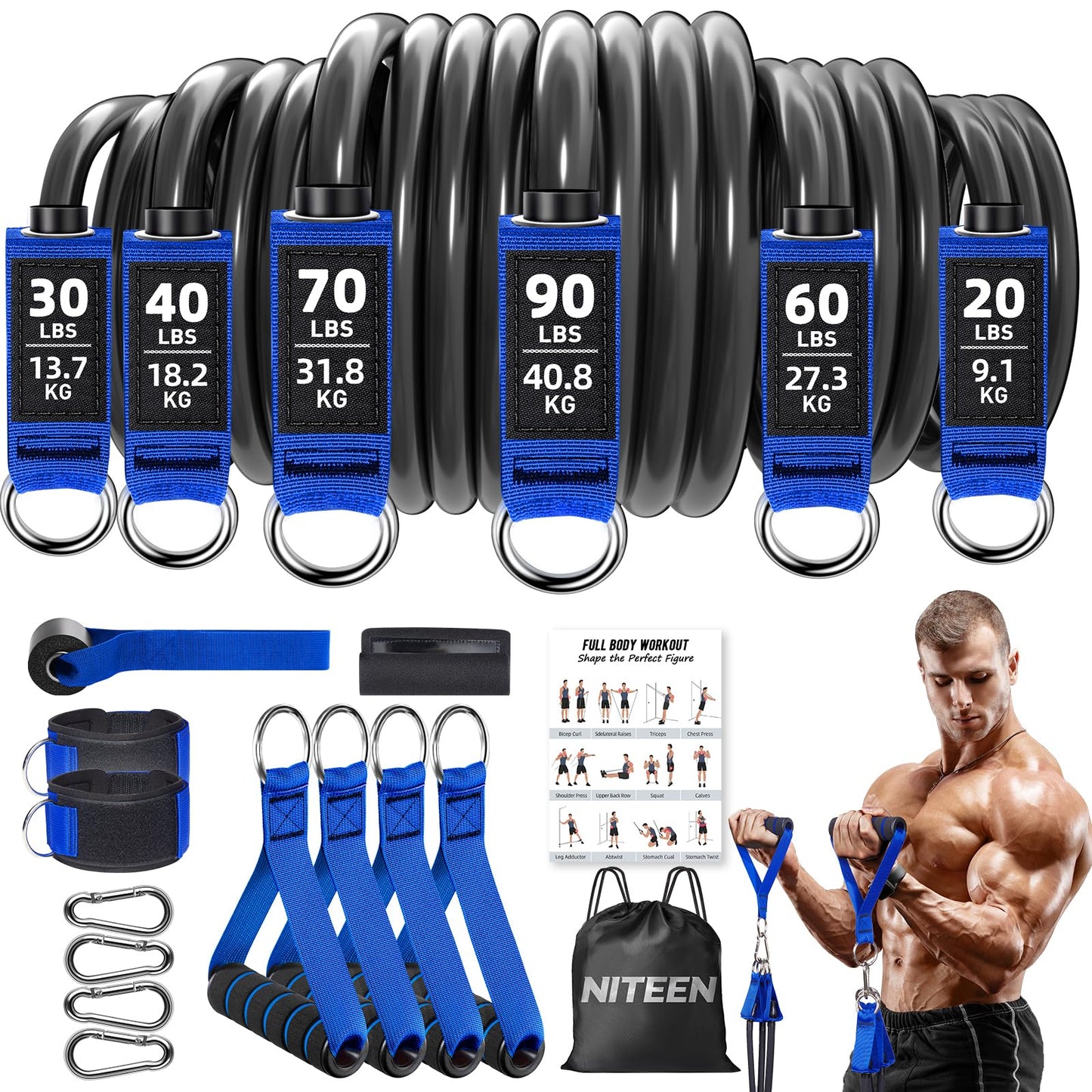 310lbs Heavy Resistance Bands for Working Out, NITEEN Resistance Bands with Handles Weight Exercise Bands for Men Women, Workout Bands with Door Anchor and Ankle Straps Strength Training Equipment