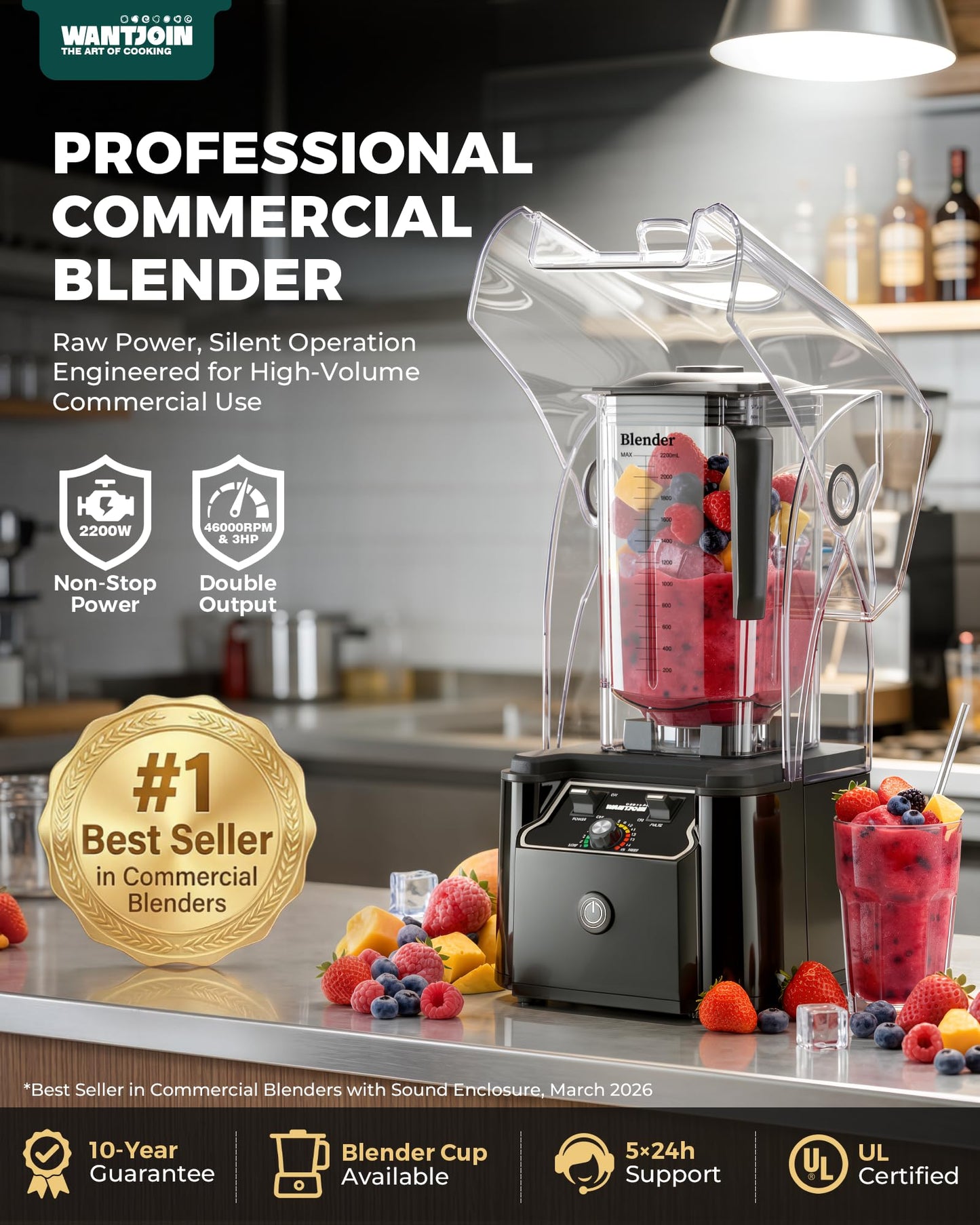 WantJoin Professional Commercial Blender With Shield Quiet Sound Enclosure 2200W Industries Strong and Quiet Professional-Grade Power, Self-Cleaning, Black